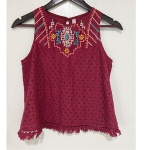 Xhilaration Embroidered Burgundy Sleeveless Top